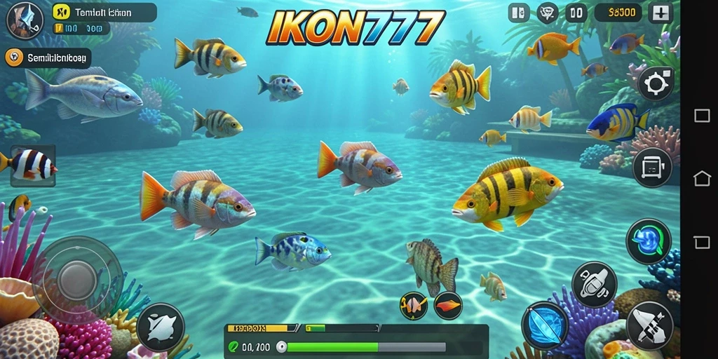 Tampilan gameplay seru dalam IKON777 dengan berbagai ikan untuk ditangkap.