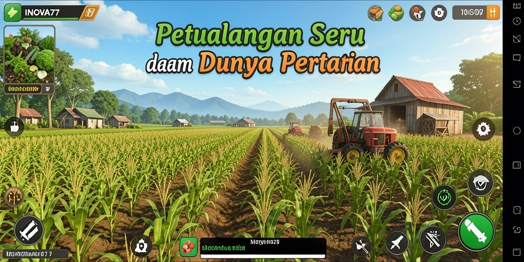 Screenshot menampilkan pemandangan ladang hijau yang indah saat panen.