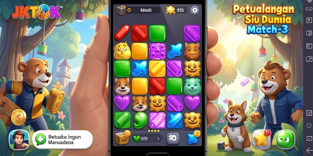Tampilan gameplay seru JKTOK dengan tantangan Match-3 yang menarik.