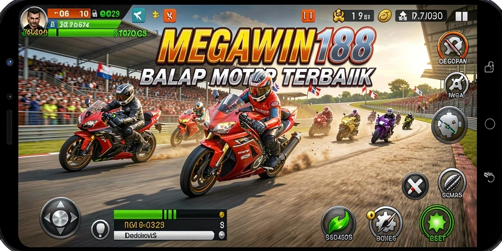 Screenshot gameplay MEGAWIN188 menampilkan balapan motor yang mendebarkan.
