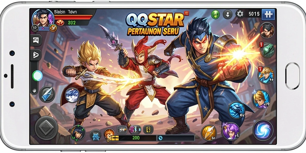 Tangkapan layar gameplay QQSTAR menunjukkan aksi pertarungan yang intens.