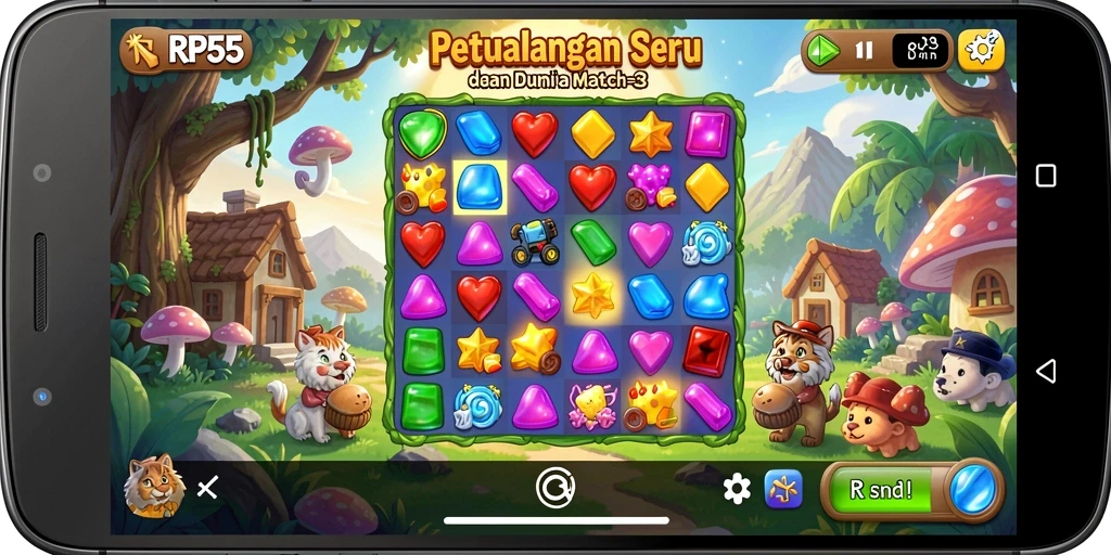 Gameplay seru RP55 dengan kombinasi item warna-warni.